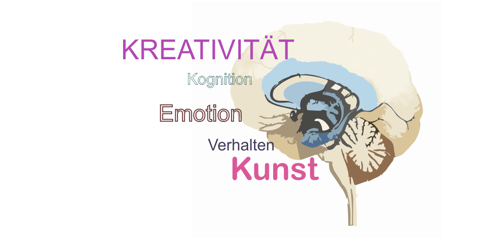 Selbst gezeichnetes Gehirn-Schema mit den Begriffen Kreativität, Kognition, Emotion, Verhalten und Kunst