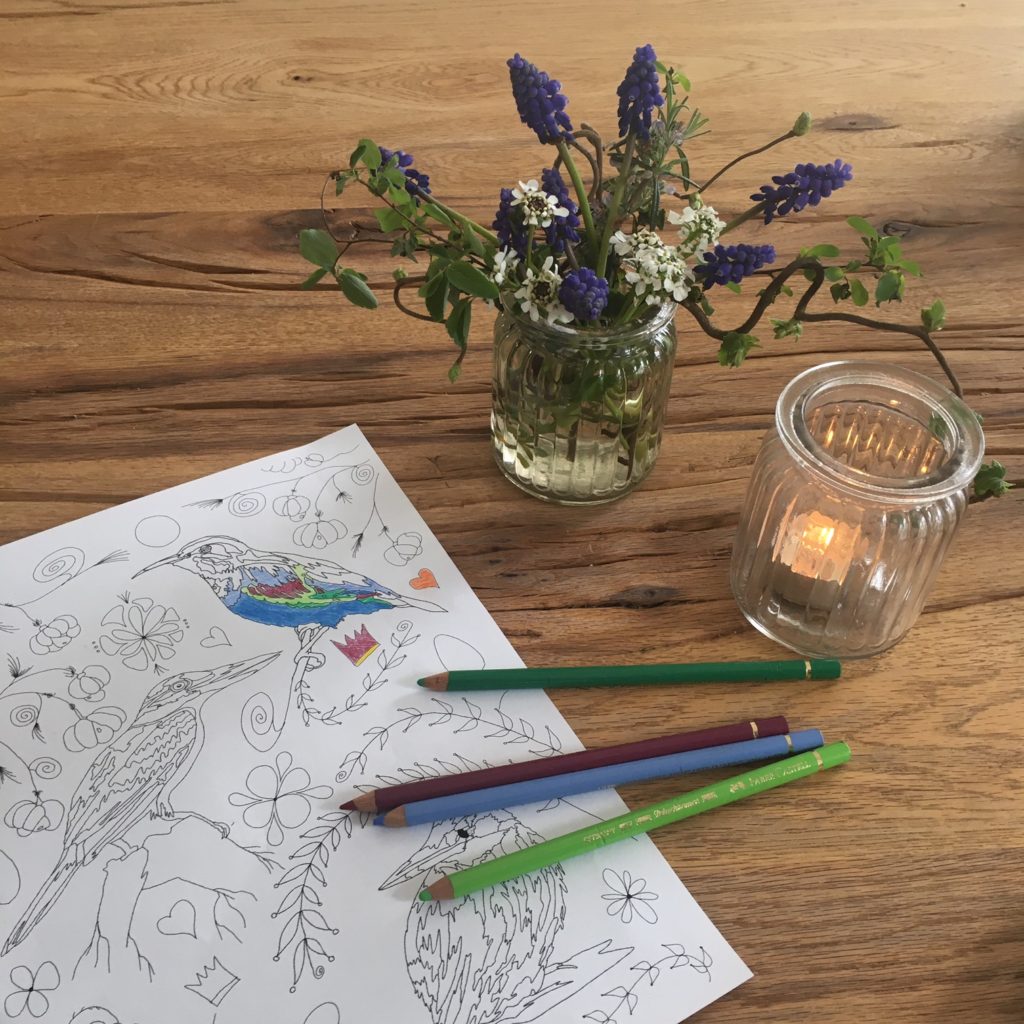 Foto Ausmalbild "Vögel", Buntstifte, Teelicht mit brennender Kerze und Blumenstrauß